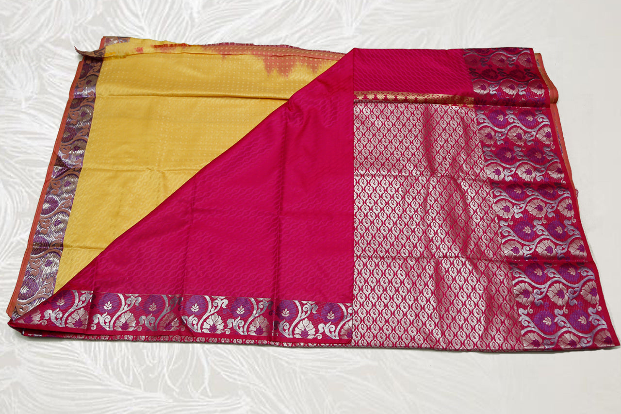 30151 Semi Silk Polyester Mix big white Zari and thread border emboss Lemon Yellow with red border and silver pallu