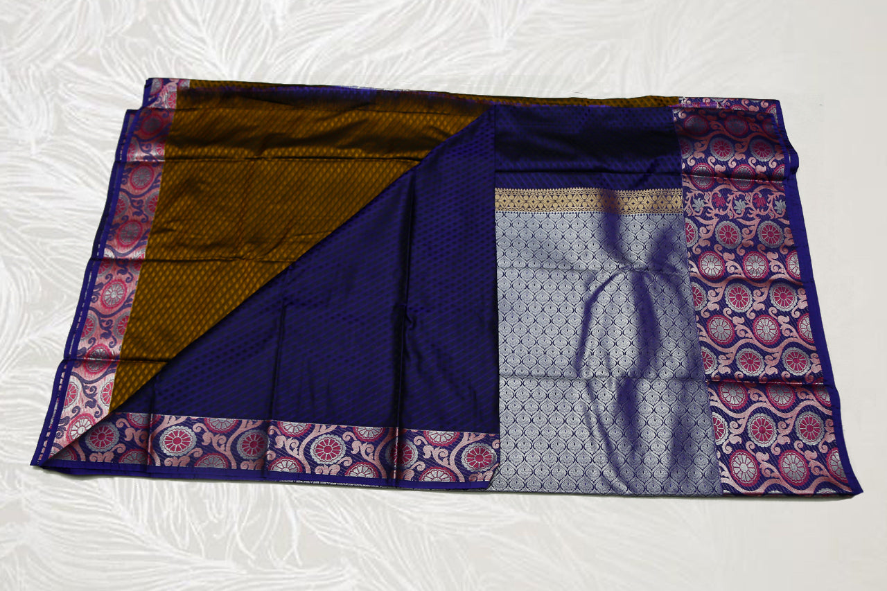 30154 Semi Silk Polyester Mix big white Zari and thread border emboss Chocolate Brown with violet border and silver pallu