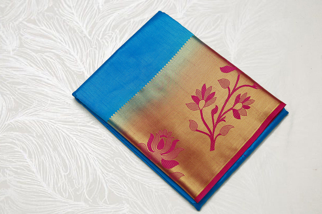 33121  Semi Dupion Silk Saree long border contrast Pallu Ananda Blue with Rose border