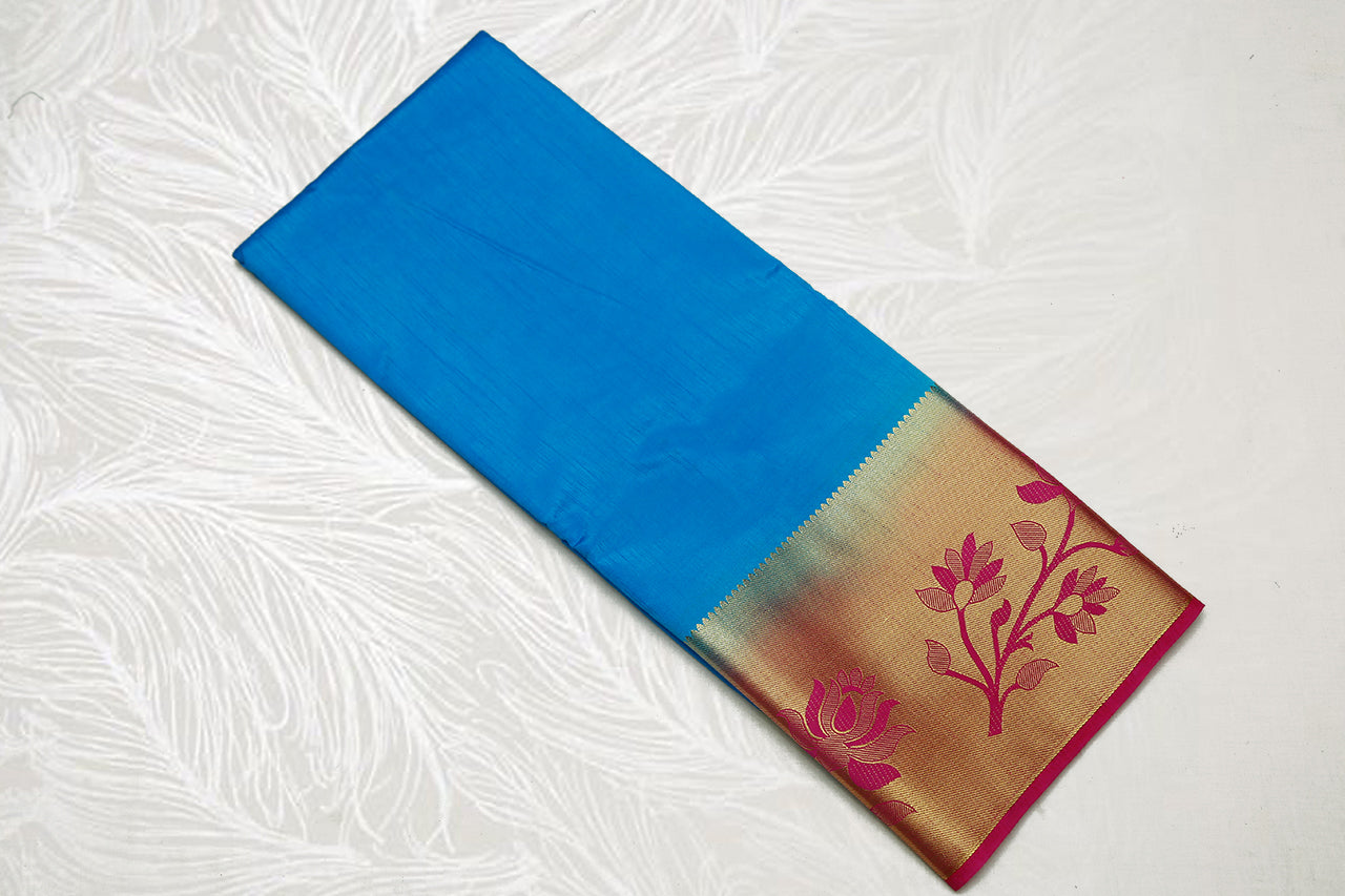 33121  Semi Dupion Silk Saree long border contrast Pallu Ananda Blue with Rose border