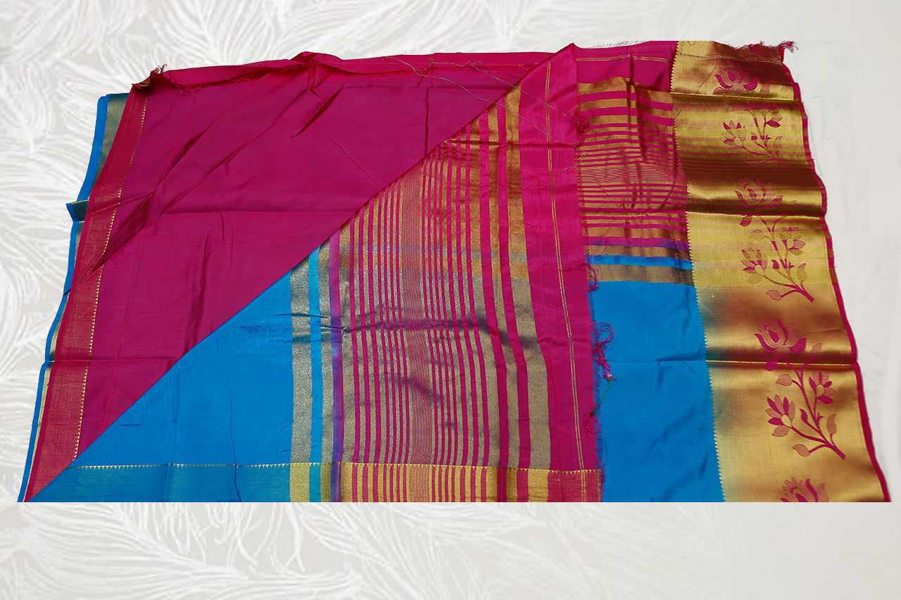 33121  Semi Dupion Silk Saree long border contrast Pallu Ananda Blue with Rose border