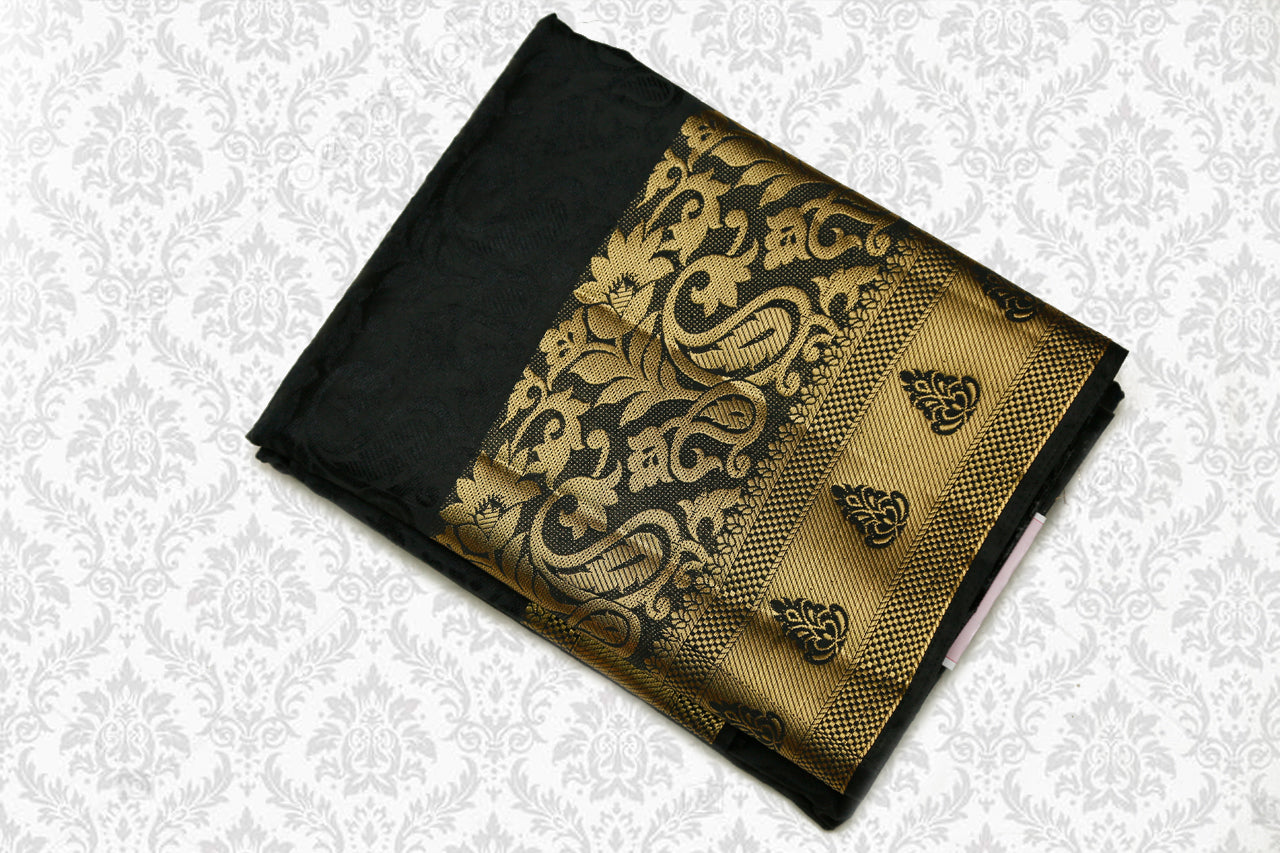 33183 Semi Dupion Emboss Saree Self Black