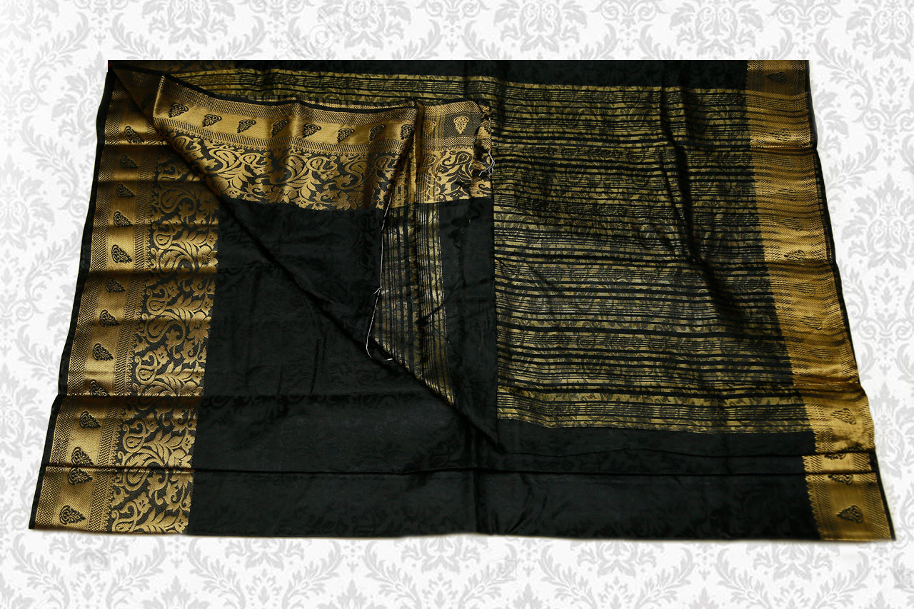 33183 Semi Dupion Emboss Saree Self Black