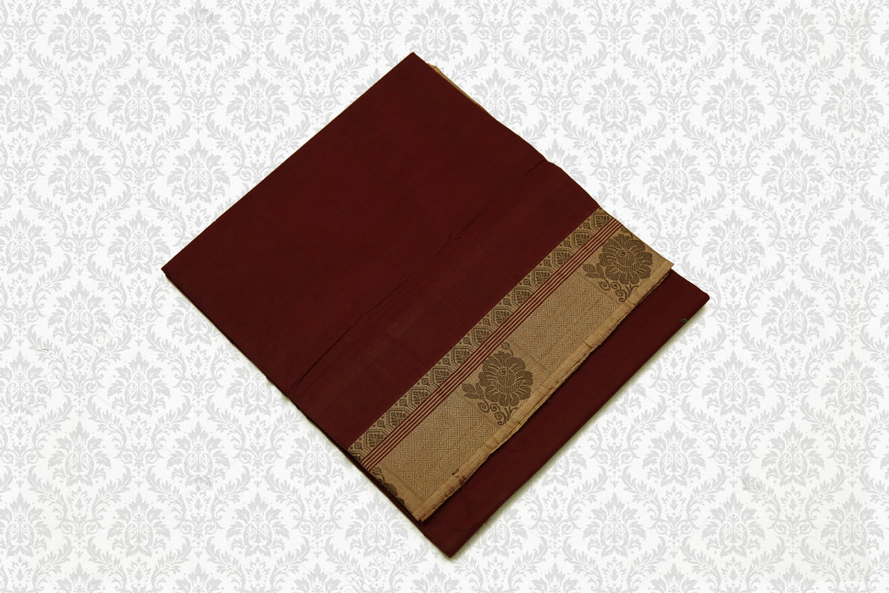 39439  Pure Cotton Saree Brown with Self border and Pallu