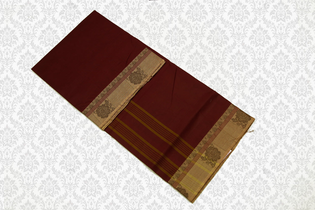 39439  Pure Cotton Saree Brown with Self border and Pallu