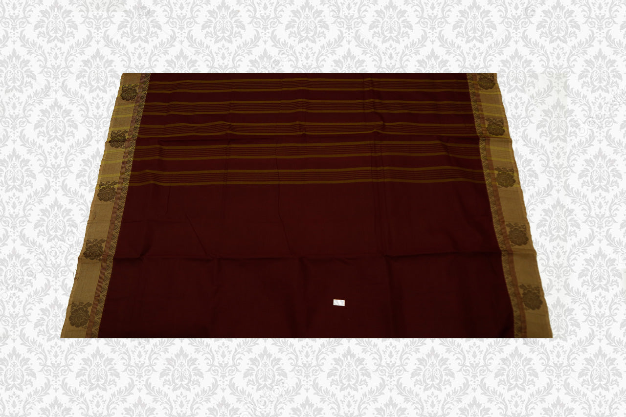 39439  Pure Cotton Saree Brown with Self border and Pallu
